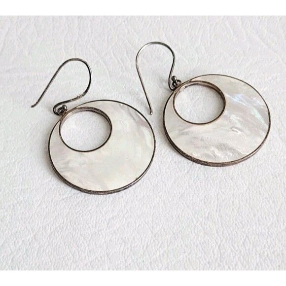 Sterling Silver Dangling Mother of Pearl Disc Earrings 1.75" - Picture 2 of 5
